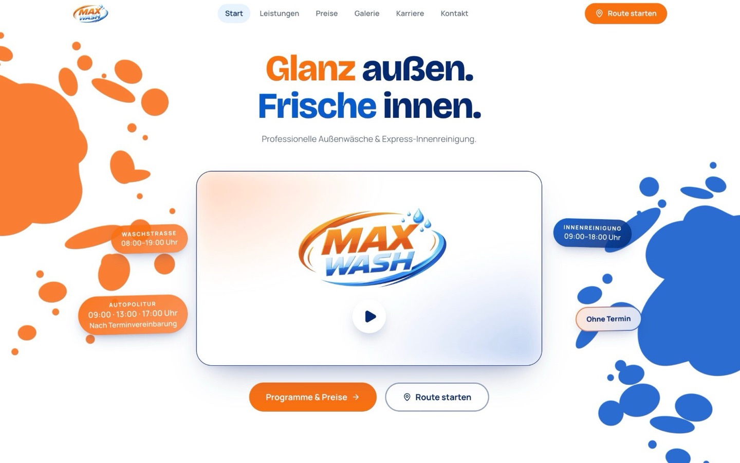 Startseite der Website Max Wash