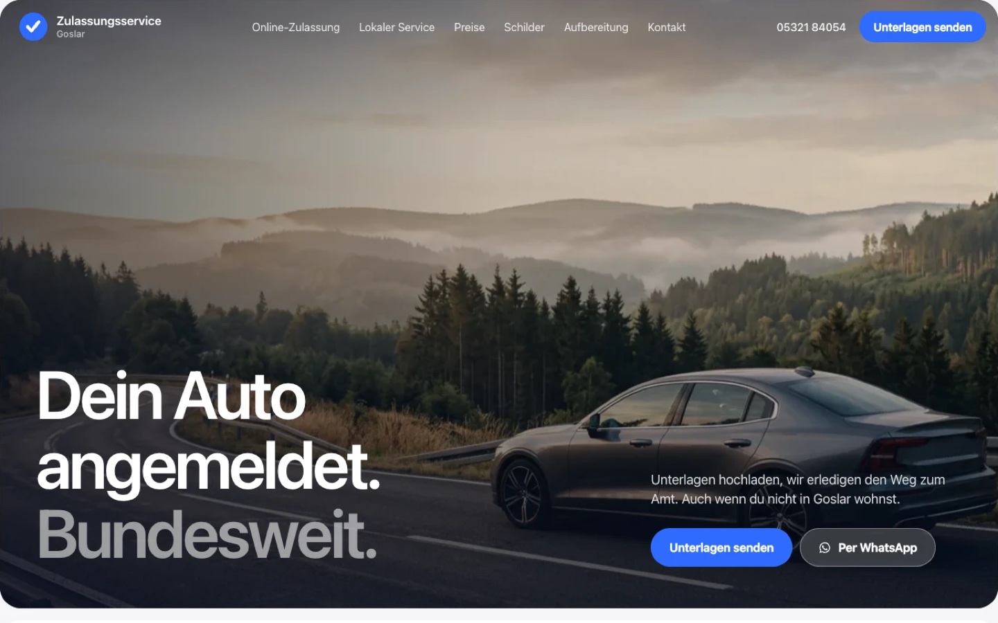 Startseite der Website Zulassungsservice Goslar
